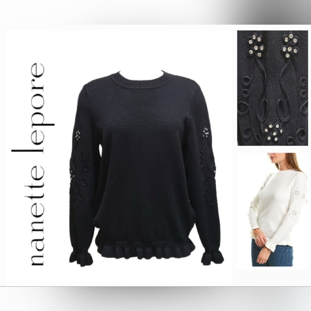 Nanette Lepore Black Ruffle Trim Sweater with Rhinestone Sleeve Detailing Sz L